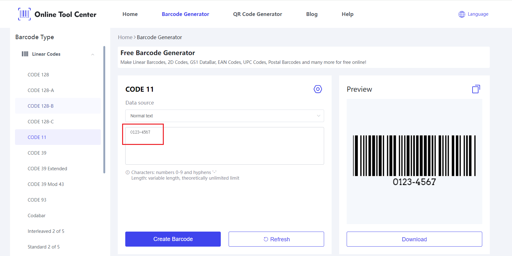 Input data on Code 11 Barcode Generator.png